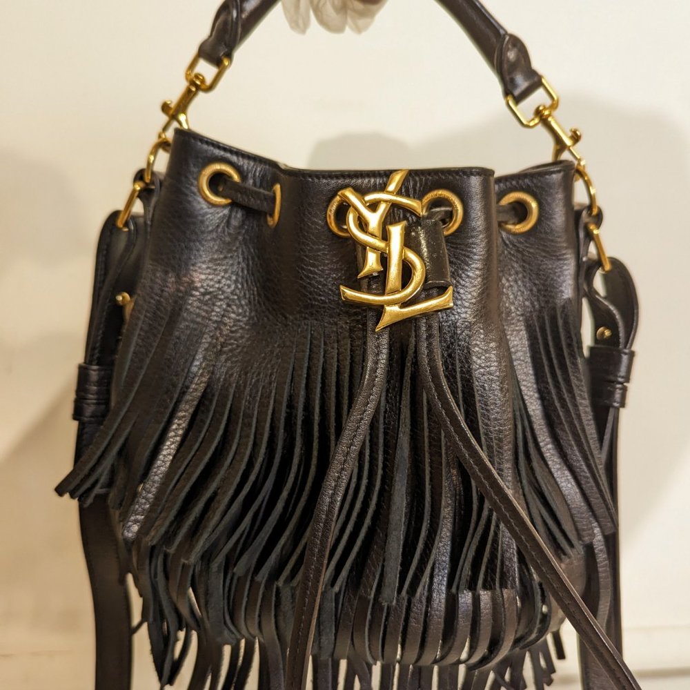 YSL Yves SAINT LAURENT Small Fringe Bucket Bag black gold vintage  Emmanuell - Picture 3 of 12